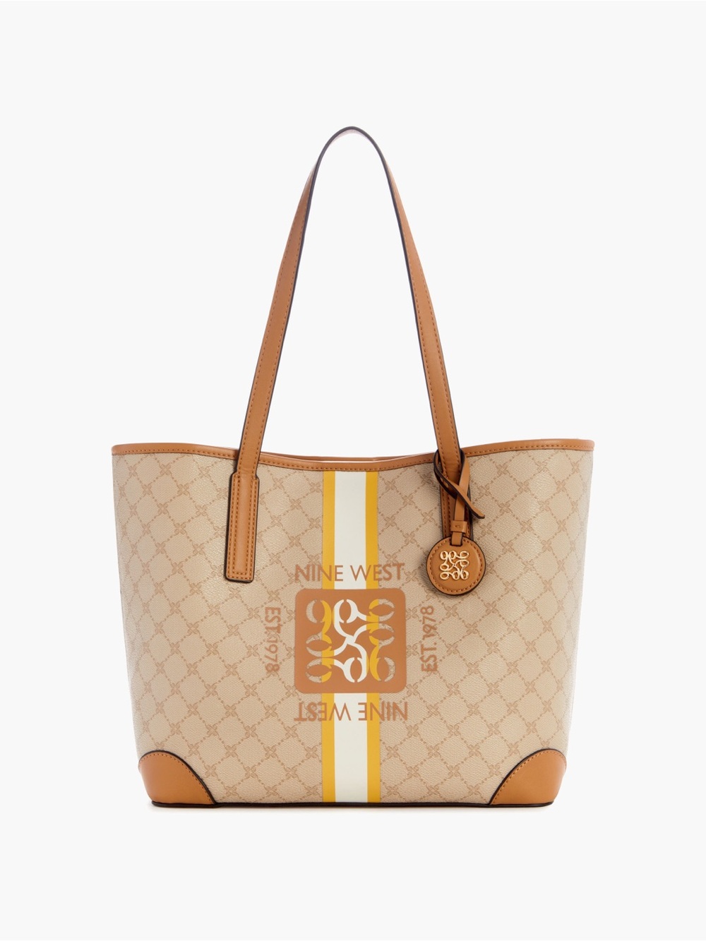 Nine West Beige Tote with Tan Trim and Yellow Stripe Accent